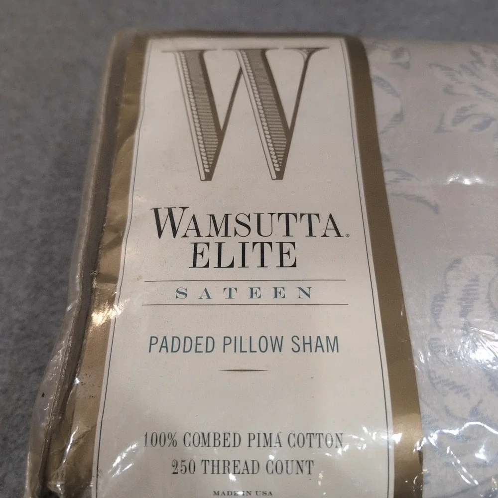 Wamsutta Elite Sateen Padded Pillow Sham King Damask 100% Pima Cotton White Blue - Picture 3 of 5